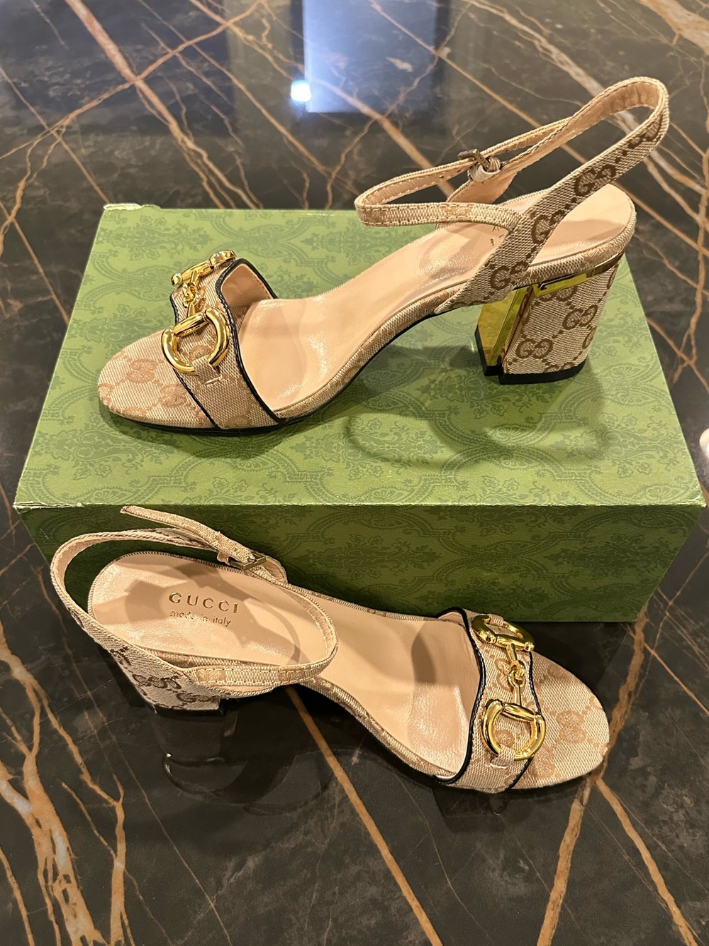 Beige GG Canvas Horsebit Block Heel Slingbacks